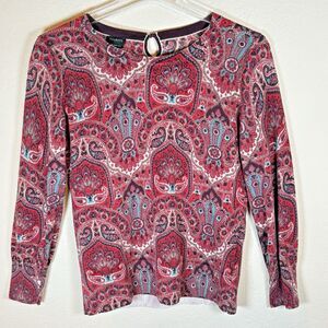 Talbots Womens L Red‎ Paisley Long Sleeve Merino Wool Kint Sweater Classic